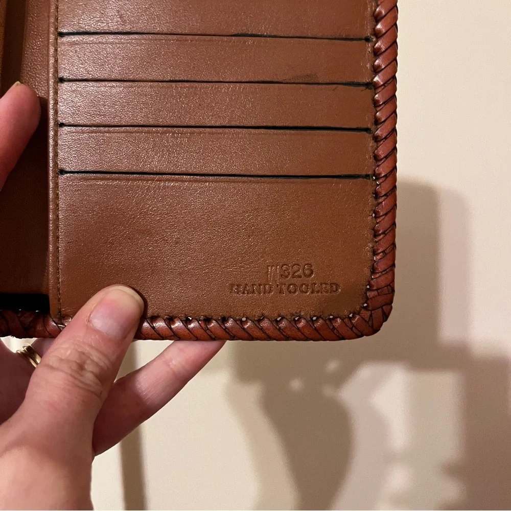 Hand Tooled Leather Wallet Made in Mexico Brown Floral Braided Like New